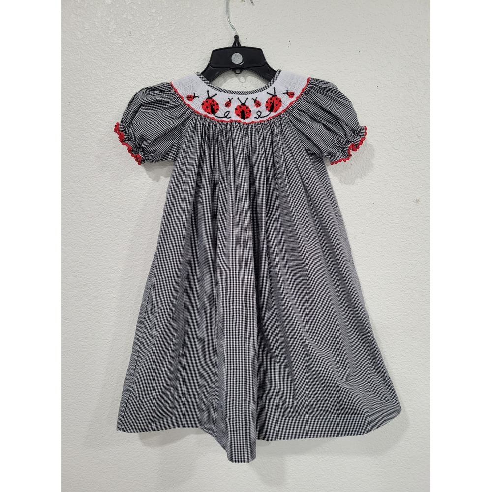 Southern Tots Girls Smocked Ladybug Gingham Bishop Dress Black White Red 5 #10
